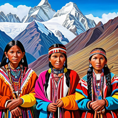 Home 4 **A vibrant Peruvian painting**: featuring the Andes Mountains, indigenous people in traditional clothing, and geometric patterns inspired by Inca textiles, all rendered in bright primary colors with a magical realism style.