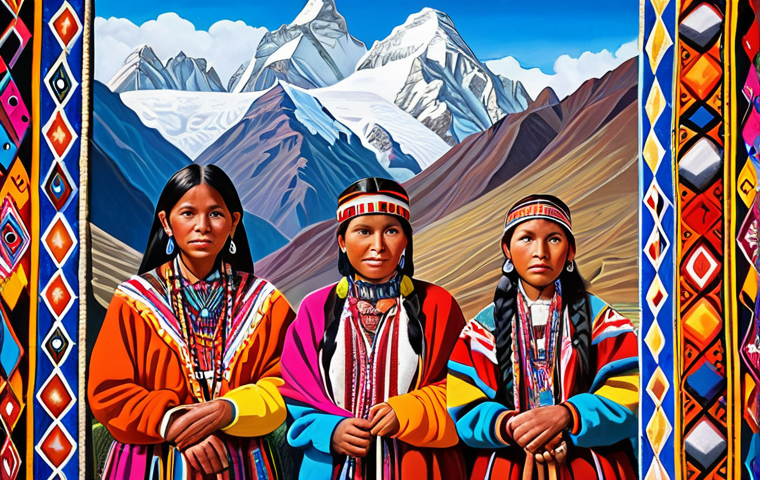 **A vibrant Peruvian painting**: featuring the Andes Mountains, indigenous people in traditional clothing, and geometric patterns inspired by Inca textiles, all rendered in bright primary colors with a magical realism style.