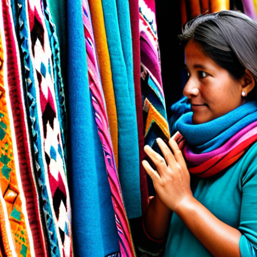 Home 20 Alpaca Scarf Shopping**
A woman in a colorful, modest Peruvian outfit examines a soft alpaca scarf in a bustling marketplace filled with textiles and handicrafts. Background: stalls overflowing with vibrant fabrics and local vendors. Foreground: Close-up of the alpaca scarf texture. Fully clothed, appropriate attire, safe for work, professional photography, perfect anatomy, correct proportions, natural pose, well-formed hands, proper finger count, natural body proportions, family-friendly.
**