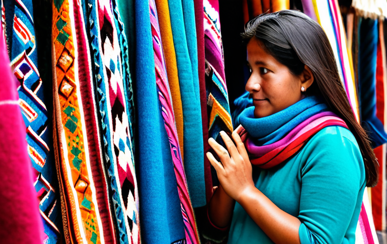 Alpaca Scarf Shopping**
A woman in a colorful, modest Peruvian outfit examines a soft alpaca scarf in a bustling marketplace filled with textiles and handicrafts. Background: stalls overflowing with vibrant fabrics and local vendors. Foreground: Close-up of the alpaca scarf texture. Fully clothed, appropriate attire, safe for work, professional photography, perfect anatomy, correct proportions, natural pose, well-formed hands, proper finger count, natural body proportions, family-friendly.
**