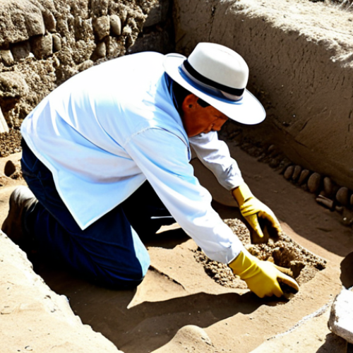 Home 19 A professional archaeologist in appropriate attire, carefully excavating a Peruvian historical site, fully clothed, safe for work, perfect anatomy, natural proportions, family-friendly, professional photography, high quality.