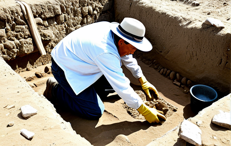 A professional archaeologist in appropriate attire, carefully excavating a Peruvian historical site, fully clothed, safe for work, perfect anatomy, natural proportions, family-friendly, professional photography, high quality.